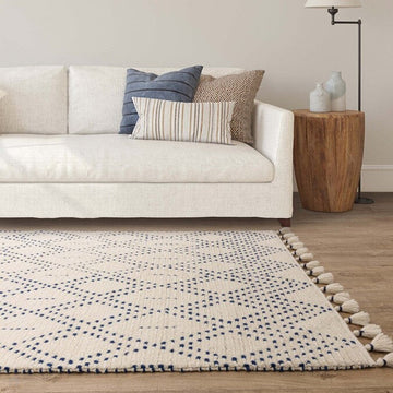 Nepal Diamond Modern Moroccan Berber Geometric Hand-Woven Ribbed Textured Low-Profile Wool Loop Pile Cream/Blue Rug-Asiatic Carpets-Rug Love - The Most Loved Rug Store